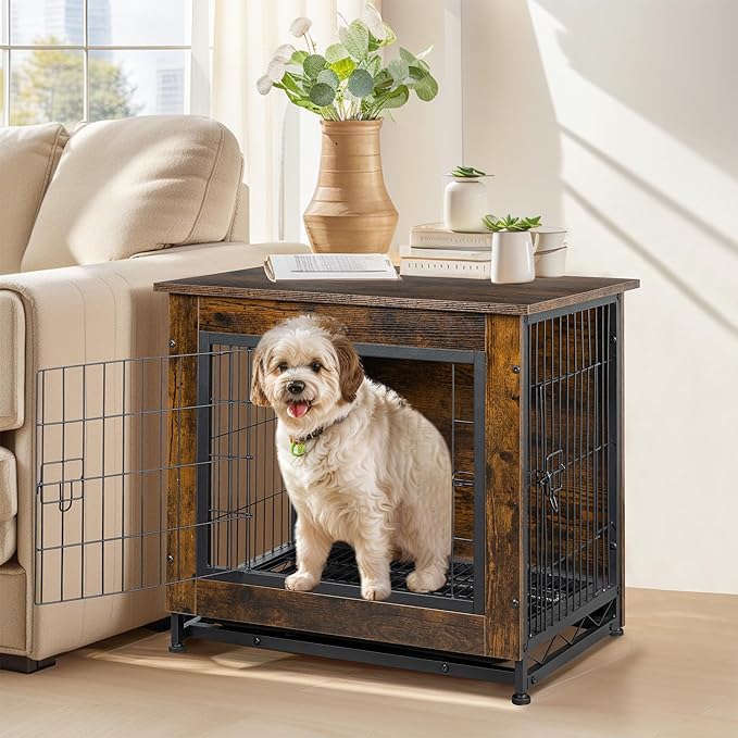 Shintenchi Wooden Dog Crate Furniture, Double-Doors Kennel Indoor with Removable Tray, End Table Dog Crate for Decoration, 27" L*20" W*24" H, Vintage Brown