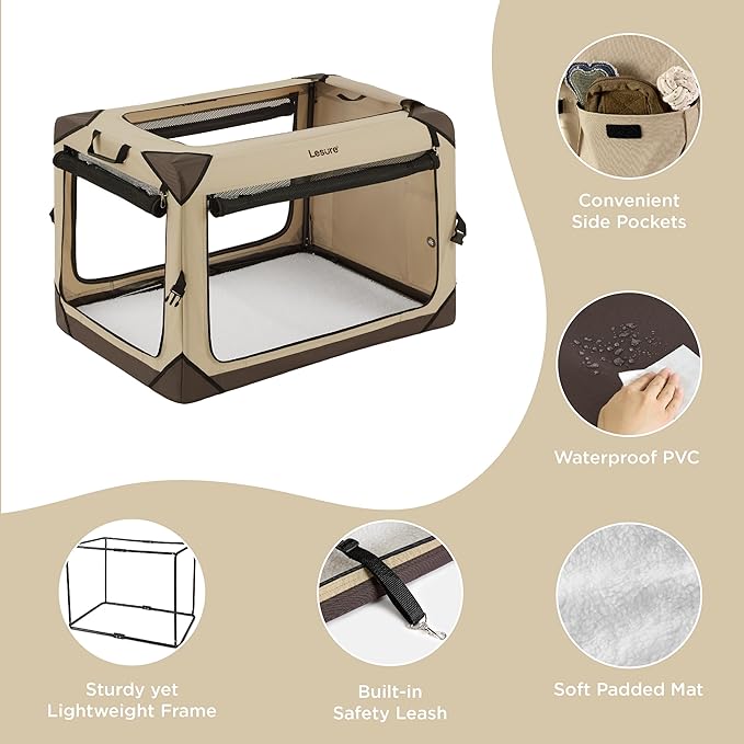 Lesure Collapsible Dog Crate - Portable Dog Travel Crate Kennel for Large Dog, 4-Door Pet Crate with Durable Mesh Windows, Indoor & Outdoor (Khaki)
