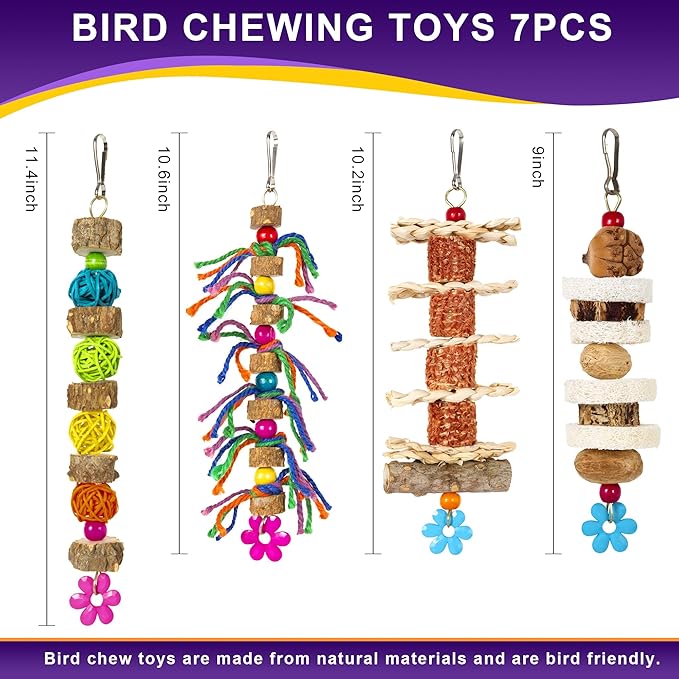 Bird Perch Parakeet Chewing Toys 7PCS - Parrot Cage Accessories Stuff, Natural Wooden Foraging Chew Toys for Budgerigars, Conure, Cockatiel, Finch, Lovebirds, Perches for Medium, Small Birds