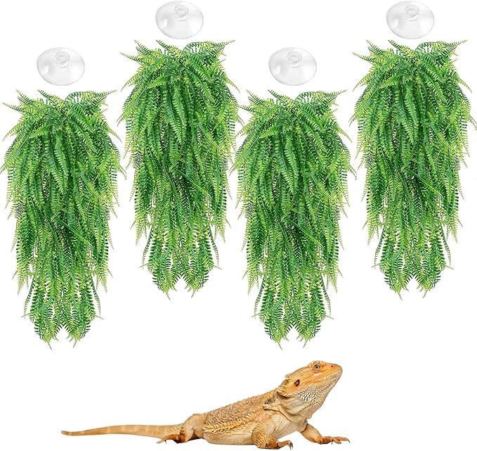 Hamiledyi Reptile Plants 4 PCS Hanging Plants Vines Artificial Leaves Habitat Decorations with Suction Cup for Bearded Dragons Lizards Geckos Snake Pets Hermit Crab