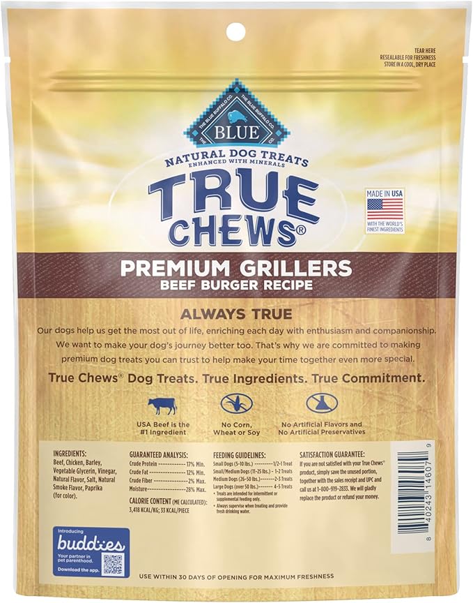 Blue Buffalo True Chews Premium Natural Dog Treats, Beef Burger 10 oz bag
