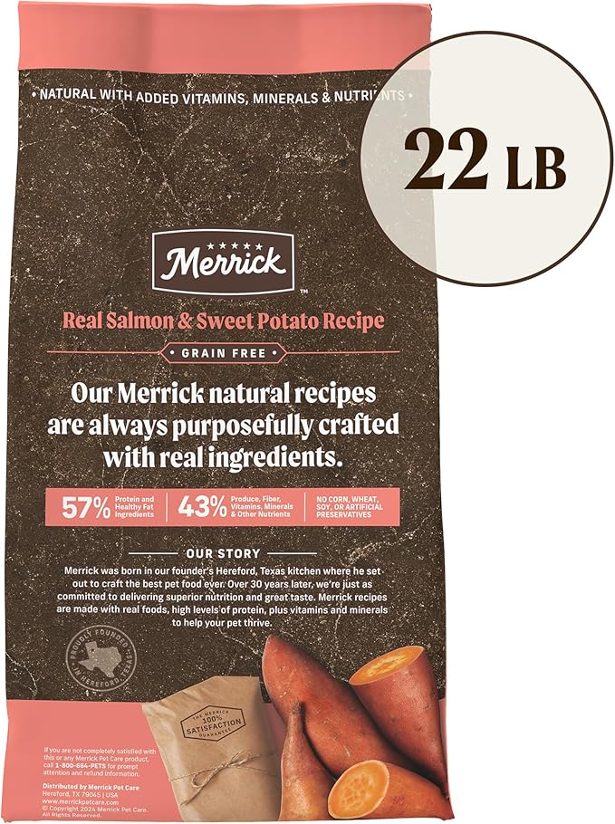 Merrick Premium Grain Free Dry Adult Dog Food, Wholesome And Natural Kibble With Real Salmon And Sweet Potato - 22.0 lb. Bag