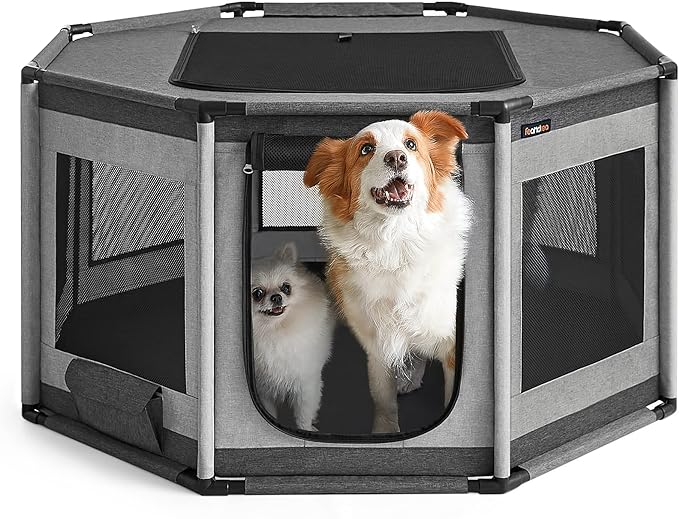 Feandrea Dog Playpen, Oxford Fabric Dog Fence, Octagon Dog Crate, L, 44.1 x 44.1 x 24.4 Inches, PVC Pipe Frame, Breathable Mesh, Double Openings, Dove Gray and Slate Gray UPDC003G01