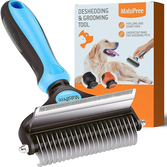 MalsiPree Dog Grooming Brush for Shedding - 2 in 1 Deshedding Tool and Undercoat Rake for Long and Short Haired Dogs with Double Coat - Dematting Comb and Pet Hair Deshedder Supplies (Large, Blue)