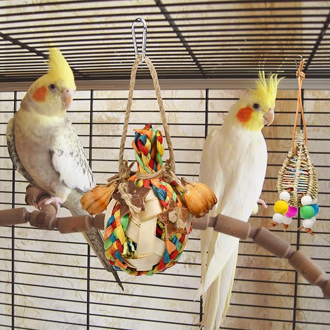 3pcs Parrot Chewing Rattan Corn Husk Toys Handmade Bamboo Palm Leaf Toys Budgie Foraging Toys Small Bird Hanging Swing Shredder Toys for Birds Parakeet Cockatiel Love Birds