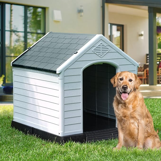 YITAHOME 41'' Large Plastic Dog House Outdoor Indoor Doghouse Puppy Shelter Water Resistant Easy Assembly Sturdy Dog Kennel with Air Vents and Elevated Floor (41''L*38''W*39''H, Gray)