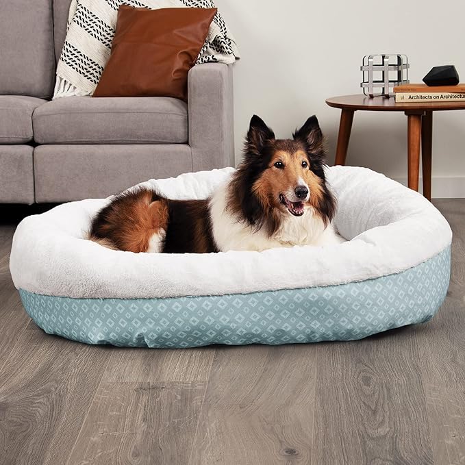 Furhaven 45" Round Donut Dog Bed for Large Dogs, Refillable w/ Removable Washable Cover, For Dogs Up to 90 lbs - Plush & Diamond Print Donut Bed - Aqua, Jumbo/XL