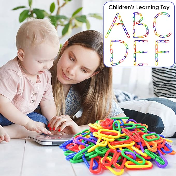 Bissap Plastic Chain Links Birds 250pcs, Mix Color Rainbow DIY C-Clips Chains Hooks Swing Climbing Cage Toys for Sugar Glider Rat Parrot Bird, Children's Learning Toy