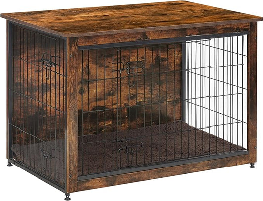 DWANTON Dog Crate Furniture with Cushion, Wooden Dog Crate Table, Double Doors Dog Furniture, Indoor Dog Kennel, Dog House, Dog Cage Large, 38.5" L, Rustic Brown