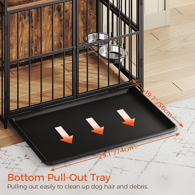 Dog Crate Furniture with Storage, 31.5" Heavy Duty Dog Kennel with Bowls & Removable Tray, Wooden Dog Cage End Table for Small/Medium Dogs, Chew-Resistant, Rustic Brown DCHR10801