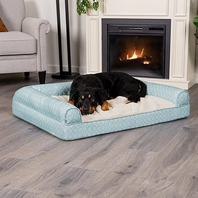 Furhaven Cozy Orthopedic Dog Bed for Large Dogs w/ Removable Bolsters & Washable Cover, For Dogs Up to 95 lbs - Plush & Diamond Print Nest Top Sofa - Aqua, Jumbo/XL