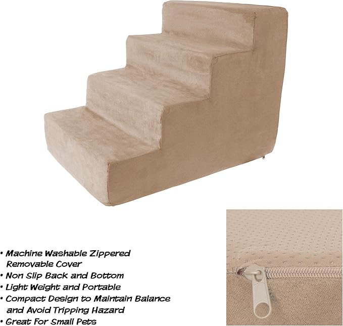 4-Step Pet Stairs - Nonslip Foam Dog and Cat Steps with Removable Zippered Microfiber Cover - Designed for Home or Vehicle Use by PETMAKER (Tan)