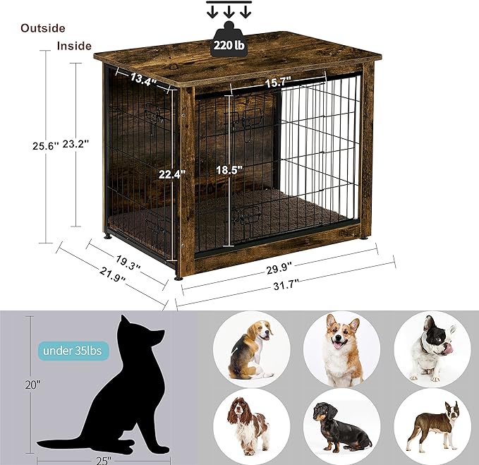 DWANTON Dog Crate Furniture with Cushion, Wooden Dog Crate Table, Double Doors Dog Furniture, Indoor Dog Kennel, Dog House, Dog Cage Medium, 32.5" L, Rustic Brown