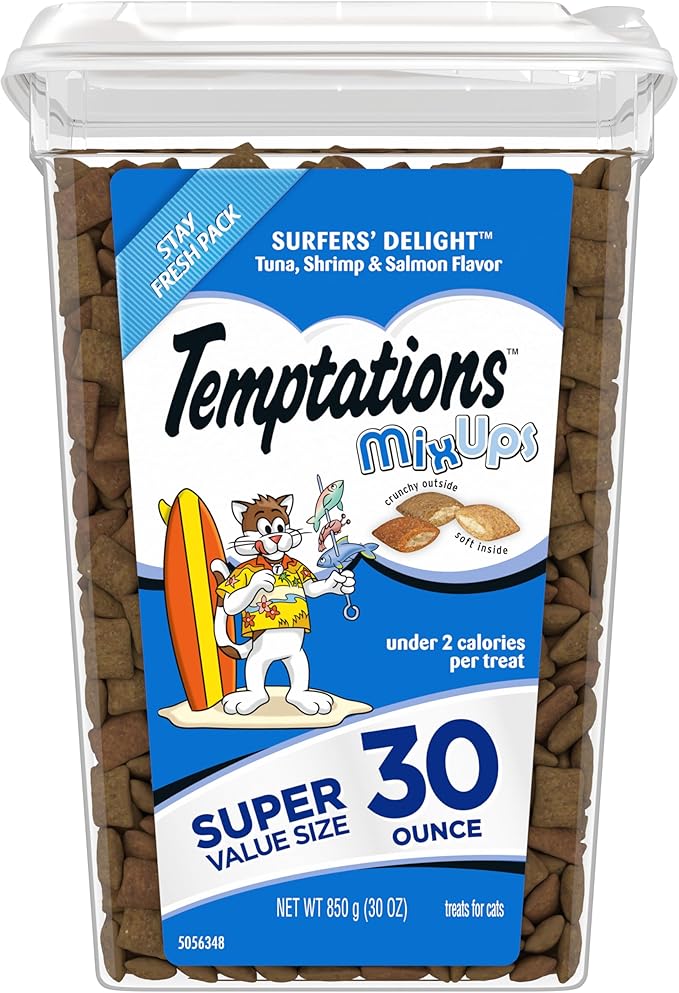 TEMPTATIONS MixUps Crunchy and Soft Cat Treats, Surfer's Delight Flavor, 30 oz. Tub (Packaging may vary)