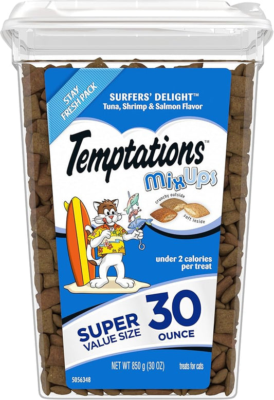 TEMPTATIONS MixUps Crunchy and Soft Cat Treats, Surfer's Delight Flavor, 30 oz. Tub (Packaging may vary)