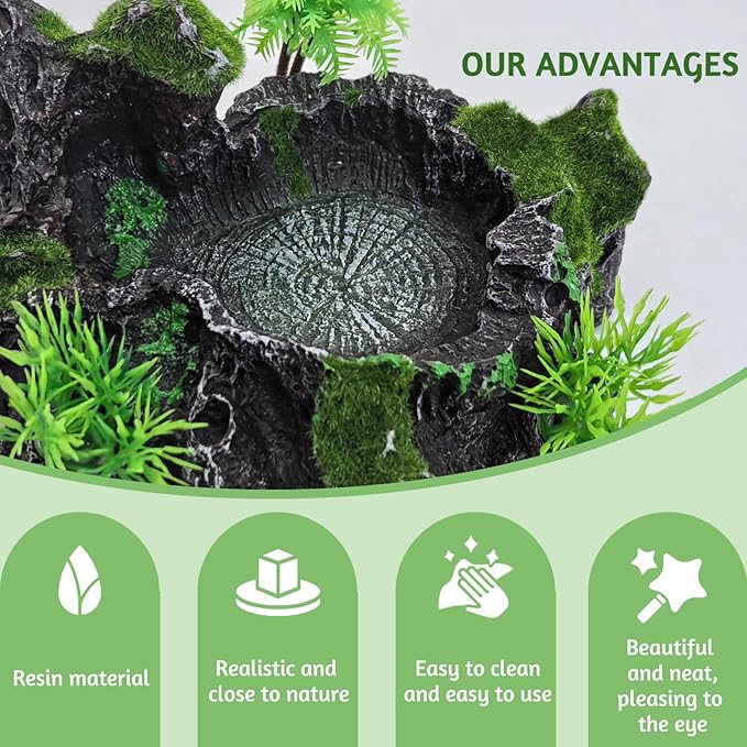PINVNBY Resin Reptile Platform, Reptile Water Dish, Artificial Plants and Moss Reptile Food Water Bowl for Bearded Dragon, Lizard, Gecko, Turtle, Water Frog, Snake (with Moss)