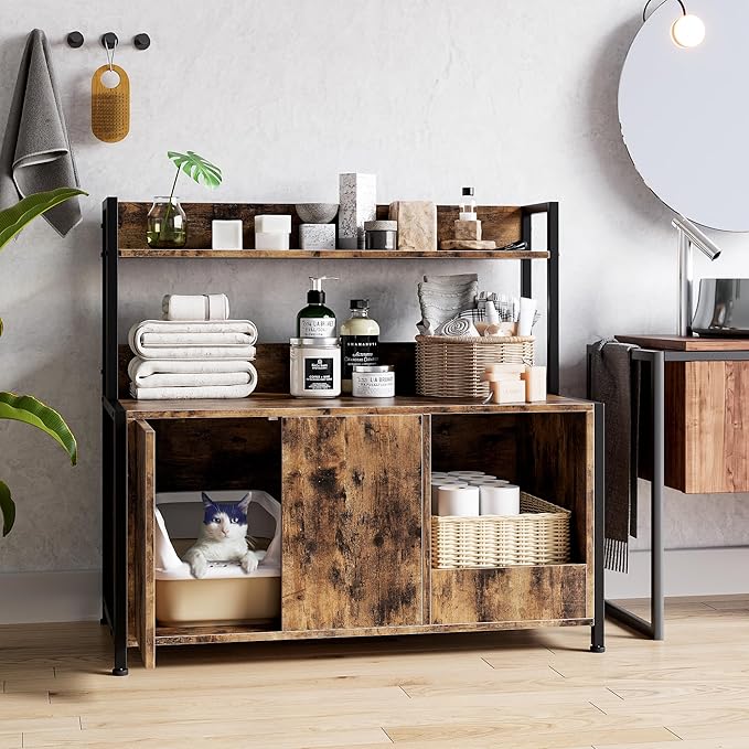 Litter Box Enclosure with Shelves, Large Hidden Litter Box with Doors, Indoor Tall Litter Box Furniture, Cat Wooden Washroom Furniture with Scratching Pad, Pet Storage Cabinet, Rustic Brown