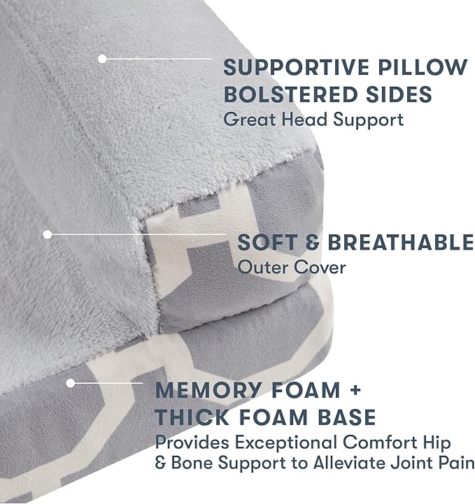 Friends Forever Harper Memory Foam Orthopedic Dog Bed, Calming Couch For Indoor Pet With Bolster, Machine Washable Extra Soft Faux Suede Removable Cover, Plush Crate Mat, 44x34x10", Grey