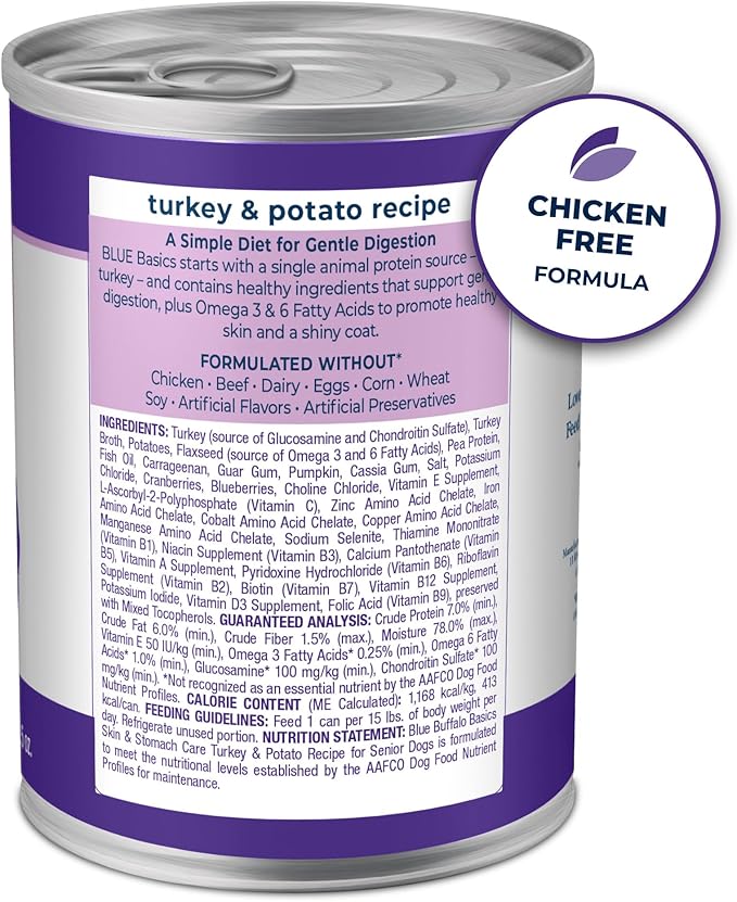 Blue Buffalo Basics Grain-Free Senior Wet Dog Food, Skin & Stomach Care, Limited Ingredient Diet, Turkey Recipe, 12.5-oz. Cans, 12 Count