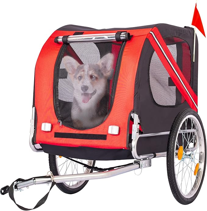 Bike Dog Trailer Folding Cart Frame with 3 Entrances Safety Flag 8 Reflectors, 20" Rear Wheels, Quick Conversion Bicycle Carrier for Medium Small Pets