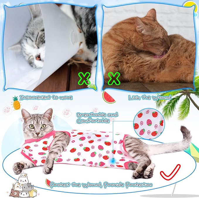 6 Set Cat Recovery Suit After Surgery Female and Male Cat Surgery Suit Kitten Recovery Suit E Collar Alternative Pajama Cat Clothes for Spay Suit Abdominal Skin Anti Licking(Fruit,Small)