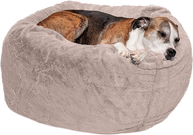 Furhaven Soft & Cozy Dog Bed for Large/Medium Dogs, Refillable w/ Removable Washable Cover & Liner, For Dogs Up to 55 lbs - Plush Faux Fur Bean Bag Style Ball Bed - Shell (Pink Tan), Large