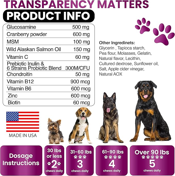 Dog Multivitamin Chewable with Glucosamine - Dog Vitamins and Supplements, Senior & Puppy Multivitamin for Dogs - Pet Chondroitin Hip and Joint Support Health, Immune Booster, Skin, Heart, Probiotics