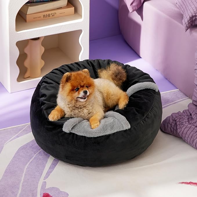 Lesure Small Dog Bed with Cover Cave - Covered Round Puppy Bed with Hooded Blanket, Machine Washable Burrow Pet Bed for Small Dogs and Cats, Cuddler Cozy Cave Dog Bed with Anti-Slip Bottom, Black 23"