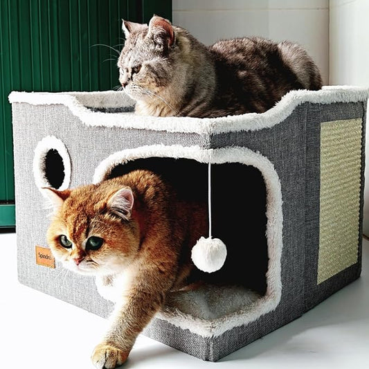 Large Cat Bed for Indoor Cats, Foldable Adult Cat Cave Anti Anxiety Cat House Cube with Scratch Pad Cat Towers, Cute Kitten Condo Hideaway Hut with Soft Pillow Mat for Pets Under 30 lbs