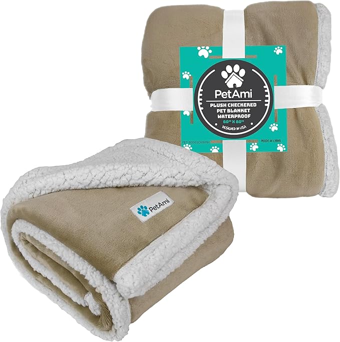 PetAmi WATERPROOF Dog Blanket For Bed, XL Dog Pet Blanket Couch Cover Protection, Sherpa Fleece Leakproof Bed Blanket Throw for Crate Kennel Sofa Furniture Protector, Reversible Soft Plush 80x60 Taupe