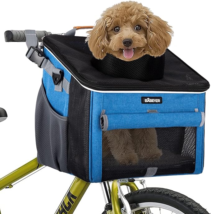 Dog Bike Basket, Soft-Sided Pet Bike Carrier with 4 Mesh Windows for Small Dog Cat Puppies - Blue