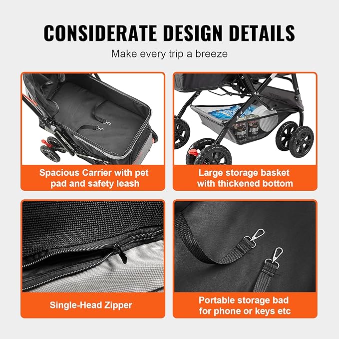 VEVOR Dog Cat Stroller for Medium Small Dogs Cats Up to 44lbs, 4 Wheel Foldable Pet Stroller with Reversible Handle, Portable Lightweigh Puppy Doggy Doggie Jogging Stroller with Storage Basket