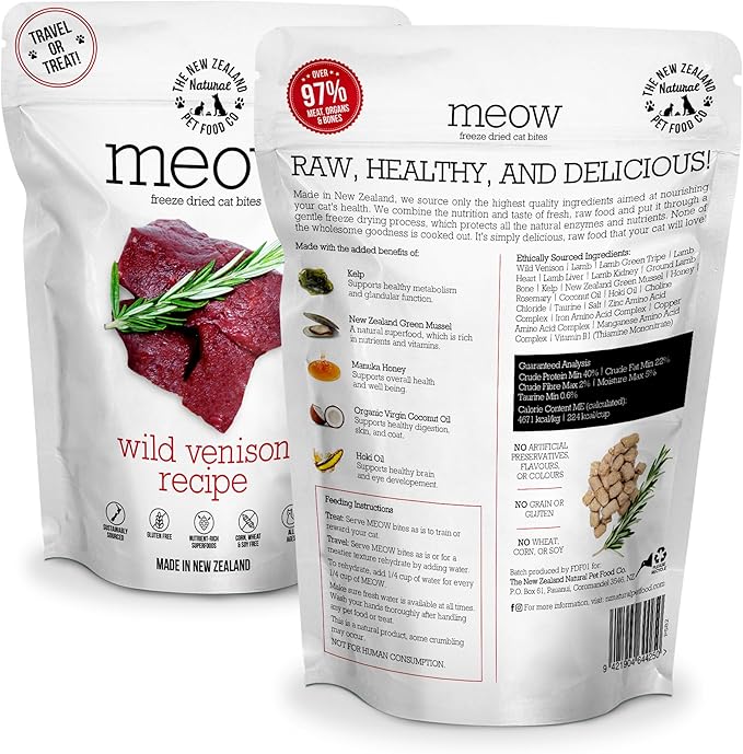 Meow Wild Venison Freeze Dried Raw Cat Food, Mixer, or Topper, or Treat - High Protein, Natural, Limited Ingredient Recipe 1.76 oz