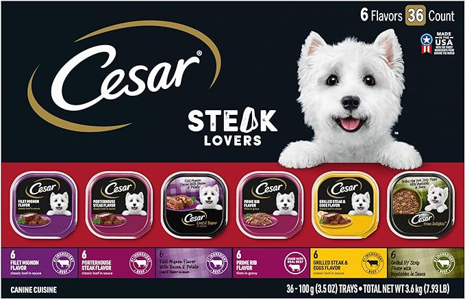 CESAR Adult Wet Dog Food Classic Loaf in Sauce Steak Lovers Variety Pack with Real Meat, 3.5 oz. Easy Peel Trays, Pack of 36