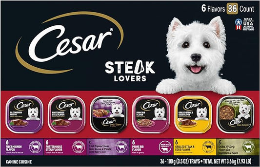 CESAR Adult Wet Dog Food Classic Loaf in Sauce Steak Lovers Variety Pack with Real Meat, 3.5 oz. Easy Peel Trays, Pack of 36