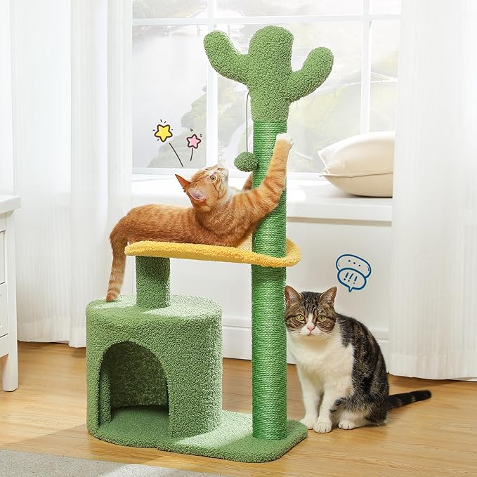 Made4Pets Cat Tree, Cactus Cat tower Cat Tree Tower 36.5 Inches with Sisal Scratching Posts for Indoor Cats, Cozy Cat Condo House, Plush Perch and Fluffy Ball for Small Cats Kittens