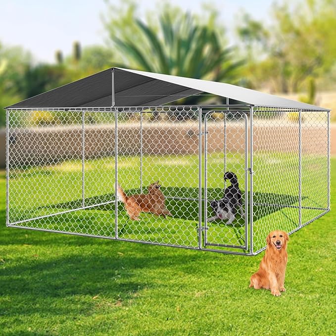 13'×13' Extra Large Outdoor Dog Kennel Dog Run Fence, Outside Dog Kennel with Roof, Heavy Duty Dog Playpen with Waterproof Sun-Proof Cover for Large Dogs