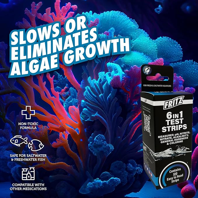 Fritz 6 in 1 Aquarium Test Strips - Monitor Nitrates, Nitrites, Water Hardness, Chlorine, Alkalinity and pH Level - 100 Count
