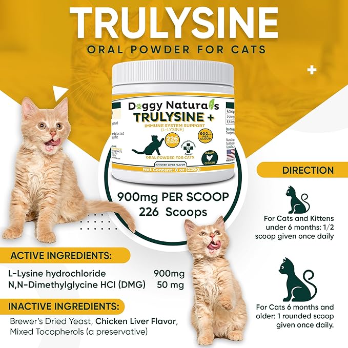 Trulysine Plus L-Lysine for Cats Immune Support Oral Powder 8oz/226g - Cats & Kittens of All Age, Sneezing, Runny Nose Squinting, Watery Eyes Chicken Liver Flavor (U.S.A)(226 Grams (900mg / Scoop))