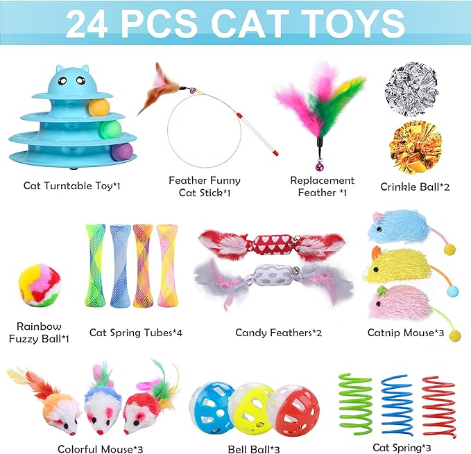 UPSKY 24 PCS Cat Toys, 3-Level Turntable Kitten Toys Set, Interactive Cat Roller Toys for Indoor Cats, Catnip Toys, Cat Teaser Toys, Mice Toys, Spring Toys, Various Ball Toys for Kitty.