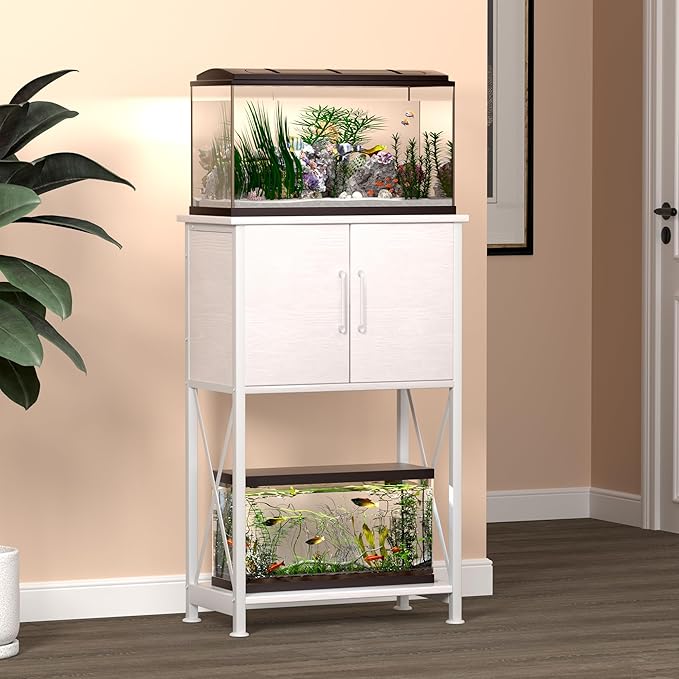 5-10 Gallon Fish Tank Stand, Metal Double Aquarium Stand with Cabinet for Fish Tank Accessories Storage, Heavy Duty 20.5" L* 11.02" W Tabletop, 500LBS Capacity White PG06YGW