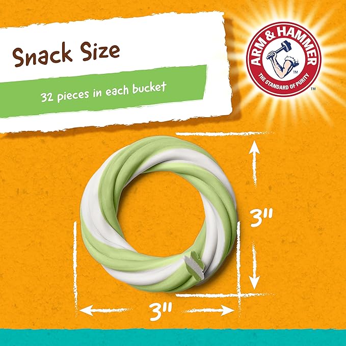 Arm & Hammer for Pets Ringers Dental Treats for Dogs Dog Dental Chews Fight Bad Breath & Tartar Without Brushing Fruity Green Apple Flavor Dog,Dental Dog Chews Value Bucket(Pack of 1,32 Count)