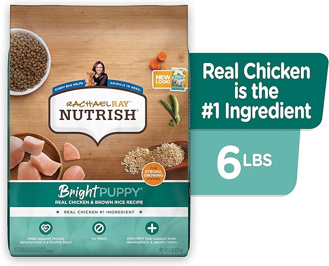 Rachael Ray Nutrish Bright Puppy Premium Natural Dry Dog Food with Added Vitamins, Minerals & Taurine, Real Chicken & Brown Rice Recipe, 6 Pound Bag (Packaging May Vary) (Pack of 2)