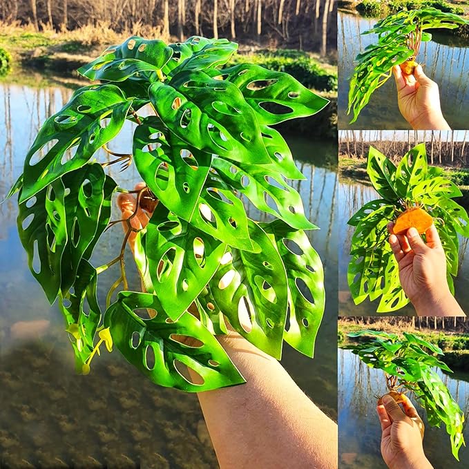 Reptile Artificial Plants with Base, Terrarium Decor Amphibian Habitat Plant, Bearded Dragon Tank Accessories fit Gecko Lizard Chameleon Snake Frog - Monstera Adansonni