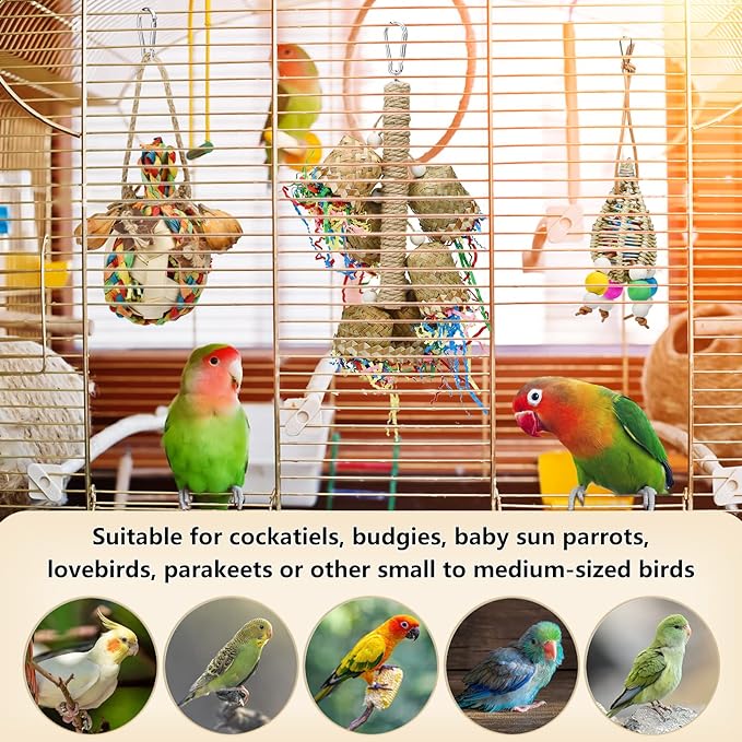 3pcs Parrot Chewing Rattan Corn Husk Toys Handmade Bamboo Palm Leaf Toys Budgie Foraging Toys Small Bird Hanging Swing Shredder Toys for Birds Parakeet Cockatiel Love Birds