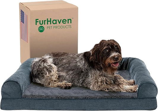 Furhaven Memory Foam Dog Bed for Large Dogs w/ Removable Bolsters & Washable Cover, For Dogs Up to 95 lbs - Sherpa & Chenille Sofa - Orion Blue, Jumbo/XL