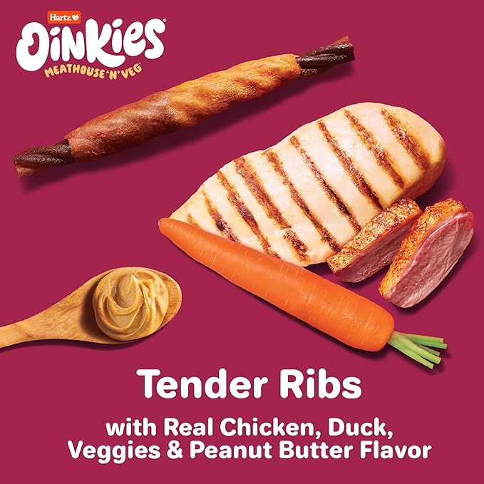 Oinkies Meathouse'n'Veg Tender Ribs Dog Treats with Real Chicken, Duck, Veggies & Peanut Butter Flavor, Highly Digestible and Rawhide-Free, 22 Count