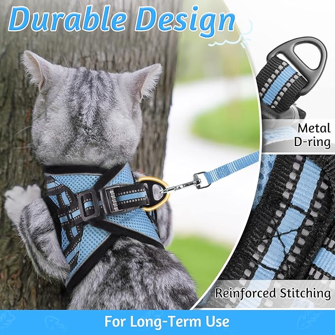 rabbitgoo Cat Harness and Leash Set for Walking Escape Proof, Adjustable Soft Kittens Vest with Reflective Strip for Cats, Comfortable Outdoor Vest, Light Blue, M