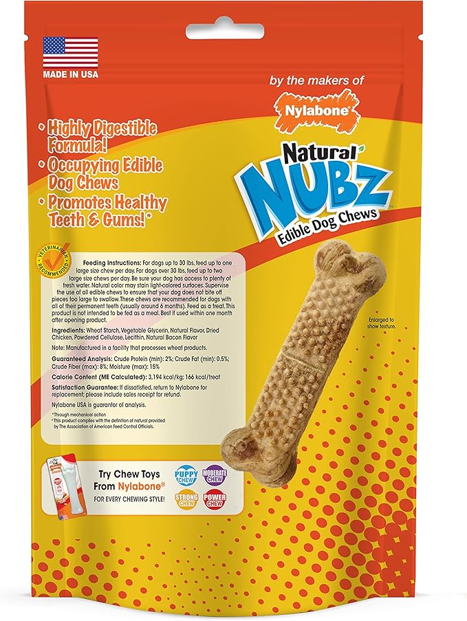 Nylabone Nubz Natural Edible Chew Treats for Dogs, Made in USA, Chicken Flavor, Large - Up to 50 lbs. (20 Count)
