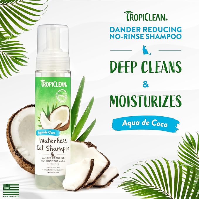 TropiClean Aqua de Coco Waterless Cat Shampoo | Cat Dandruff & Cat Allergen Reducer | Natural Dry Cat Shampoo Derived from Natural Ingredients | Made in The USA | 7.4 oz